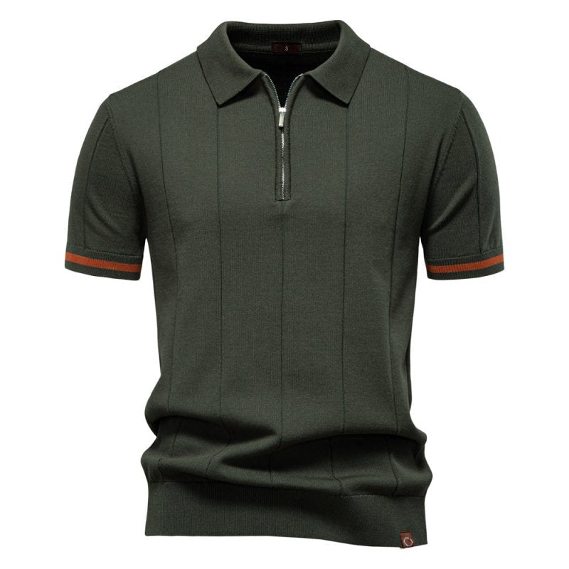 Men's Short Sleeve Polo with Zip Collar and Vertical Rib Pattern