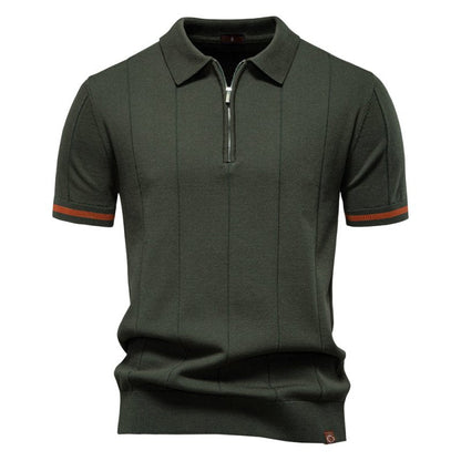 Men's Short Sleeve Polo with Zip Collar and Vertical Rib Pattern