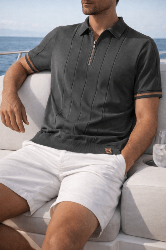 Men's Short Sleeve Polo with Zip Collar and Vertical Rib Pattern