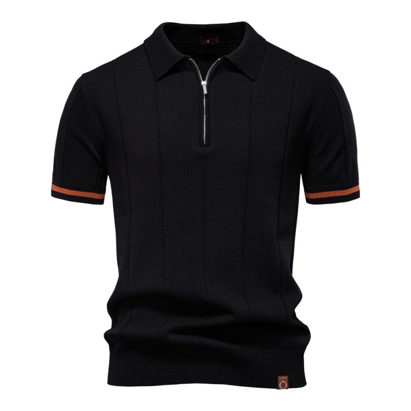 Men's Short Sleeve Polo with Zip Collar and Vertical Rib Pattern