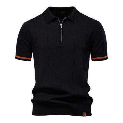 Men's Short Sleeve Polo with Zip Collar and Vertical Rib Pattern