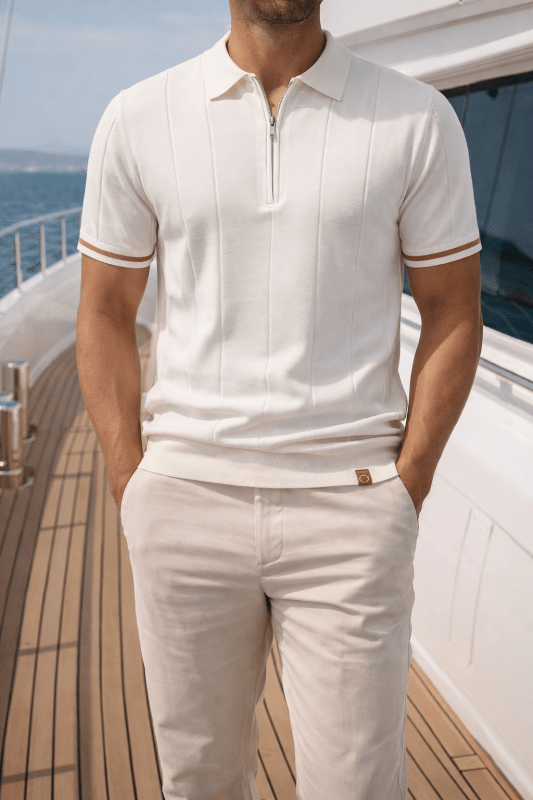 Men's Short Sleeve Polo with Zip Collar and Vertical Rib Pattern