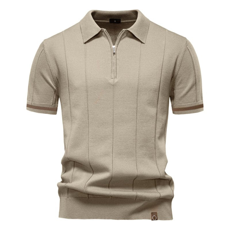 Men's Short Sleeve Polo with Zip Collar and Vertical Rib Pattern