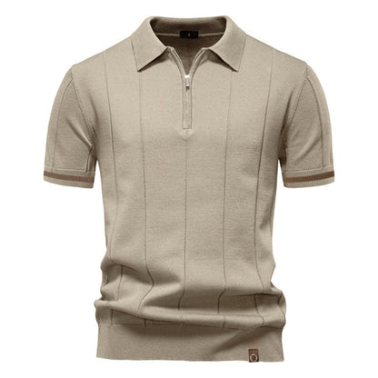 Men's Short Sleeve Polo with Zip Collar and Vertical Rib Pattern