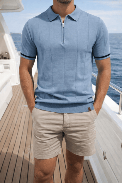Men's Short Sleeve Polo with Zip Collar and Vertical Rib Pattern