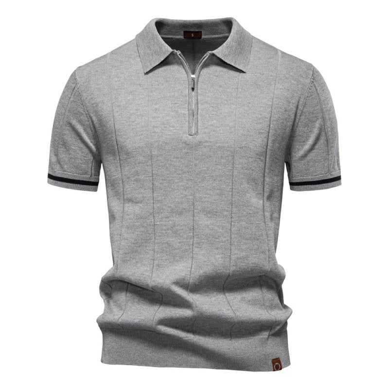 Men's Short Sleeve Polo with Zip Collar and Vertical Rib Pattern
