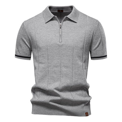 Men's Short Sleeve Polo with Zip Collar and Vertical Rib Pattern