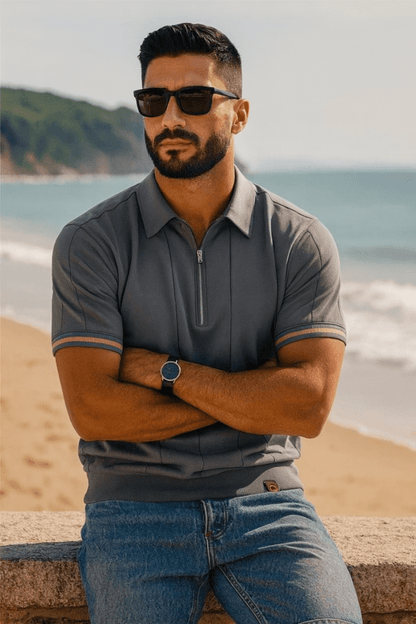 Men's Short Sleeve Polo with Zip Collar and Vertical Rib Pattern