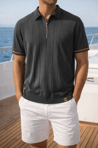 Men's Short Sleeve Polo with Zip Collar and Vertical Rib Pattern
