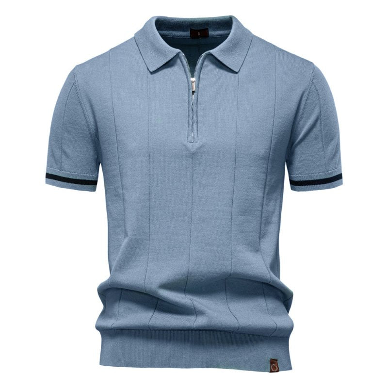 Men's Short Sleeve Polo with Zip Collar and Vertical Rib Pattern