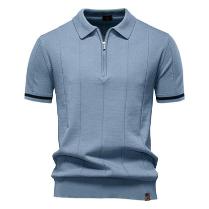 Men's Short Sleeve Polo with Zip Collar and Vertical Rib Pattern