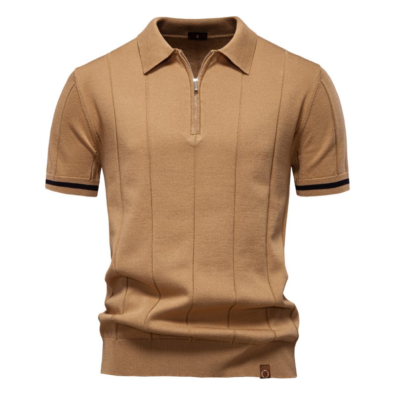 Men's Short Sleeve Polo with Zip Collar and Vertical Rib Pattern