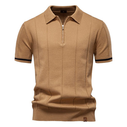 Men's Short Sleeve Polo with Zip Collar and Vertical Rib Pattern