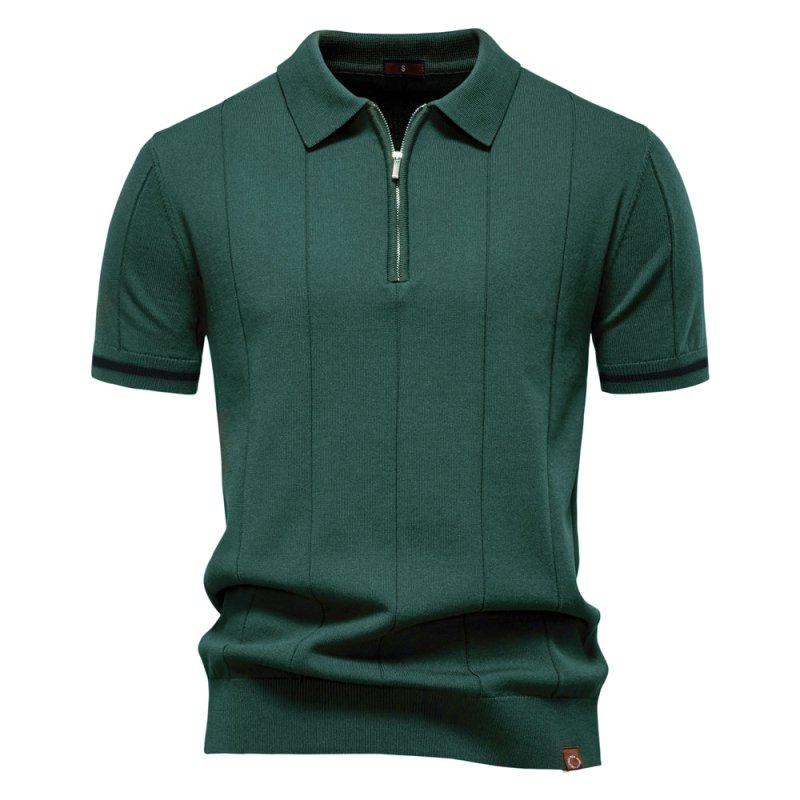 Men's Short Sleeve Polo with Zip Collar and Vertical Rib Pattern