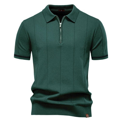 Men's Short Sleeve Polo with Zip Collar and Vertical Rib Pattern