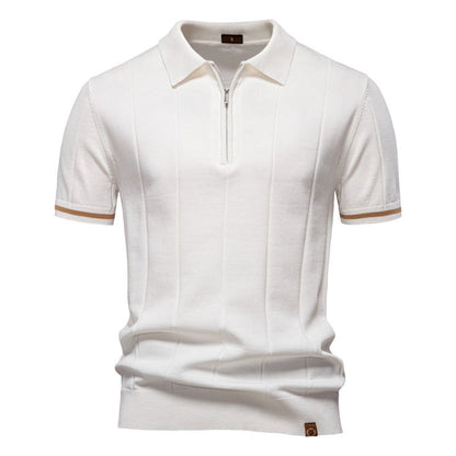Men's Short Sleeve Polo with Zip Collar and Vertical Rib Pattern