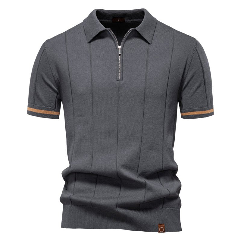 Men's Short Sleeve Polo with Zip Collar and Vertical Rib Pattern