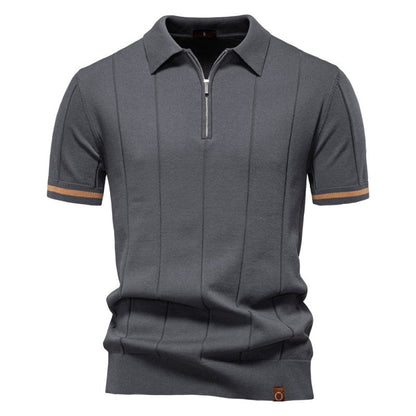 Men's Short Sleeve Polo with Zip Collar and Vertical Rib Pattern