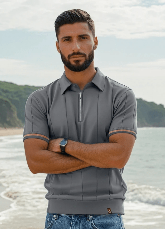 Men's Short Sleeve Polo with Zip Collar and Vertical Rib Pattern