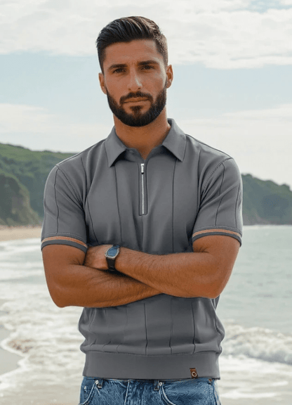 Men's Short Sleeve Polo with Zip Collar and Vertical Rib Pattern