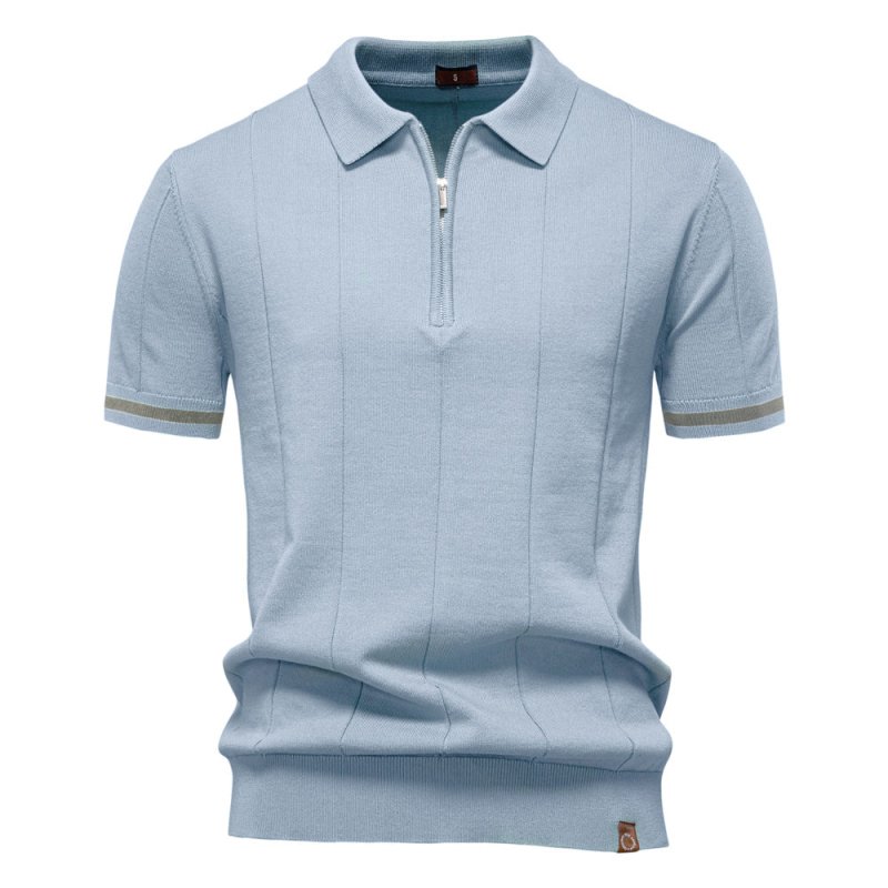 Men's Short Sleeve Polo with Zip Collar and Vertical Rib Pattern