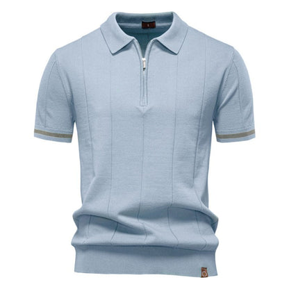 Men's Short Sleeve Polo with Zip Collar and Vertical Rib Pattern