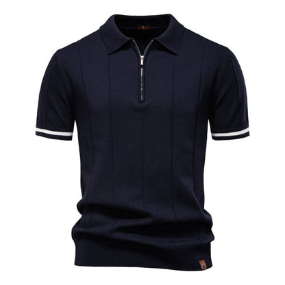 Men's Short Sleeve Polo with Zip Collar and Vertical Rib Pattern