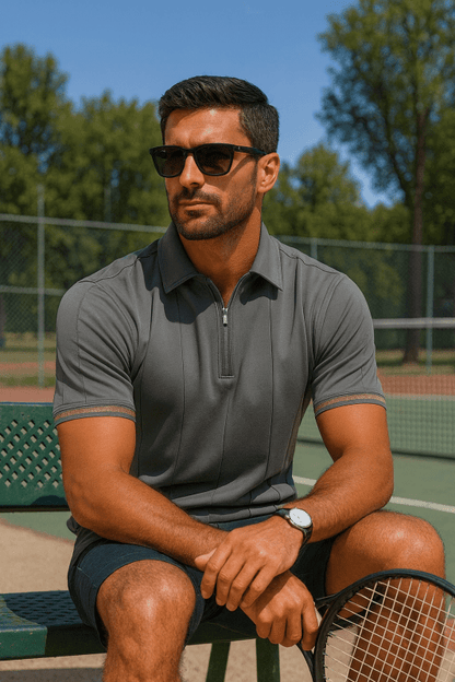 Men's Short Sleeve Polo with Zip Collar and Vertical Rib Pattern
