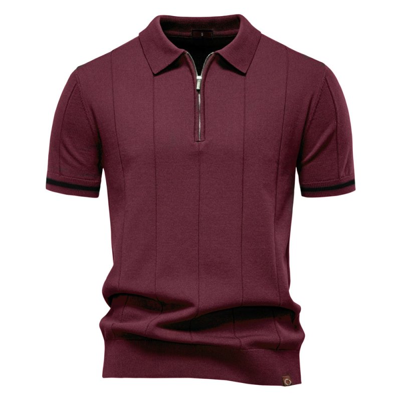 Men's Short Sleeve Polo with Zip Collar and Vertical Rib Pattern