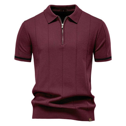 Men's Short Sleeve Polo with Zip Collar and Vertical Rib Pattern