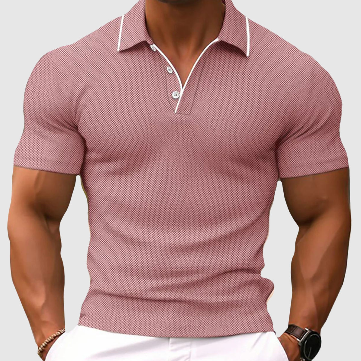 Men's Polo Shirt with Contrast Collar and Button Placket