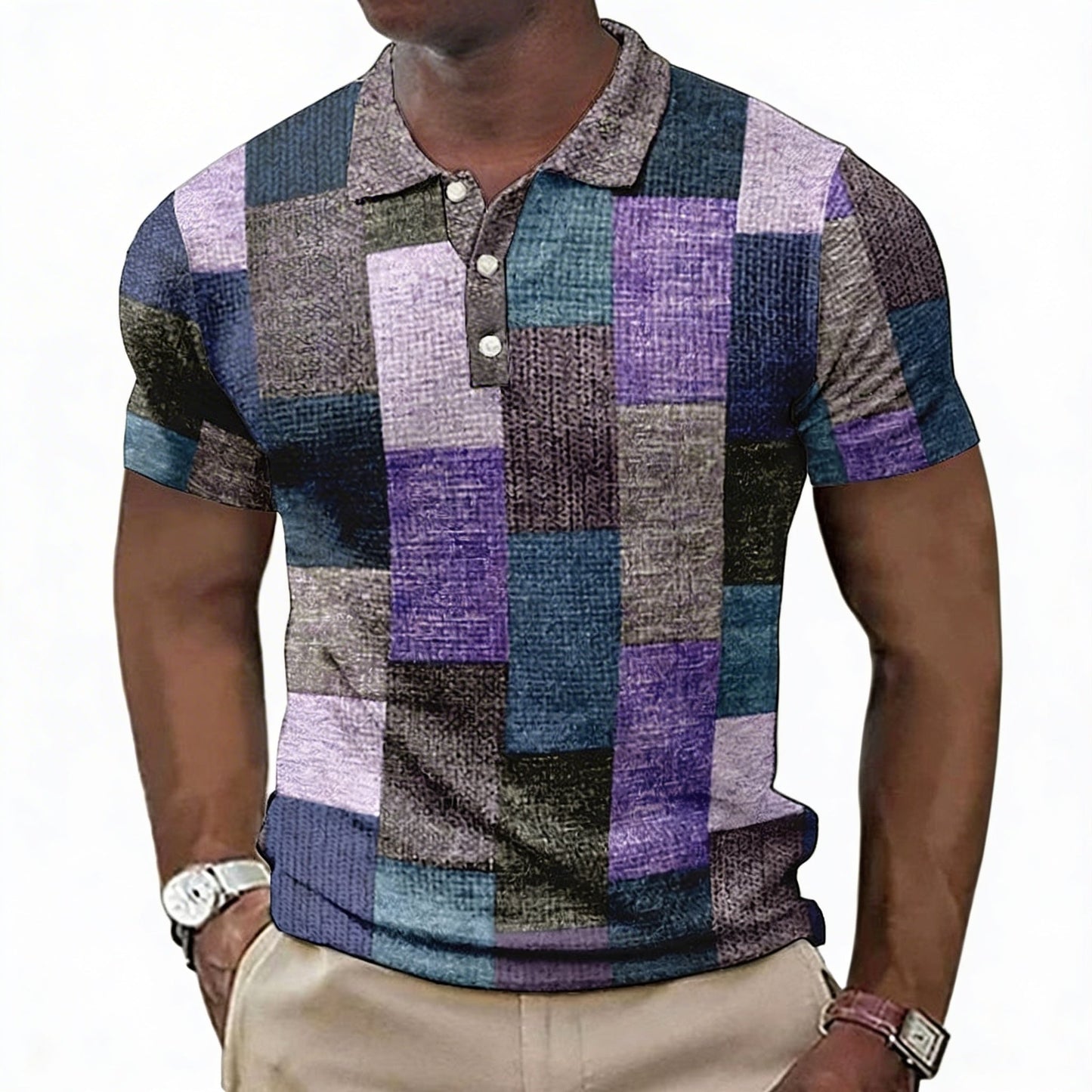Men's Polo Shirt with Geometric Colour Block Pattern
