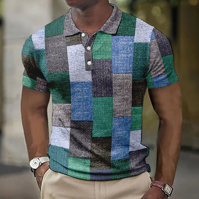 Men's Polo Shirt with Geometric Colour Block Pattern