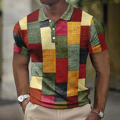 Men's Polo Shirt with Geometric Colour Block Pattern