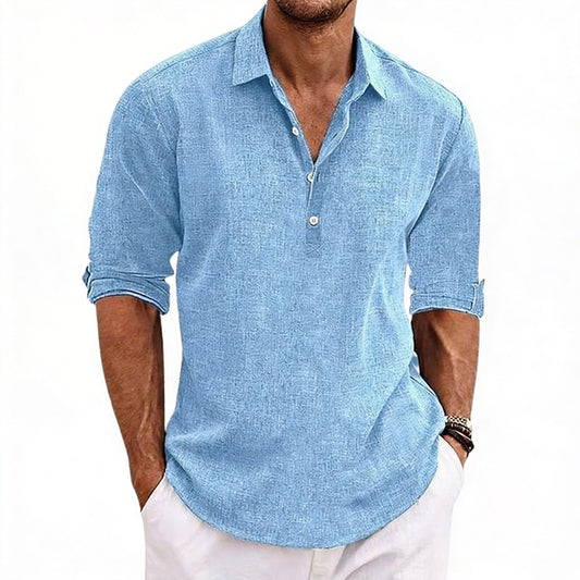 Men's Polo Shirt with Turned-Up Sleeves and Button Placket