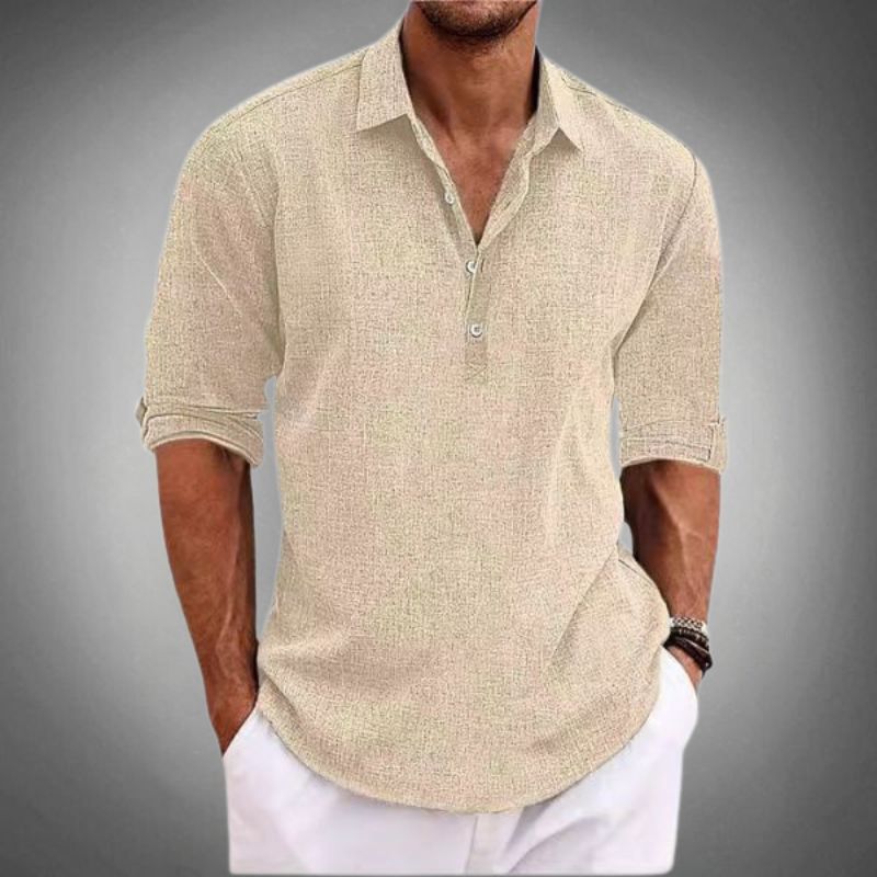 Men's Polo Shirt with Turned-Up Sleeves and Button Placket