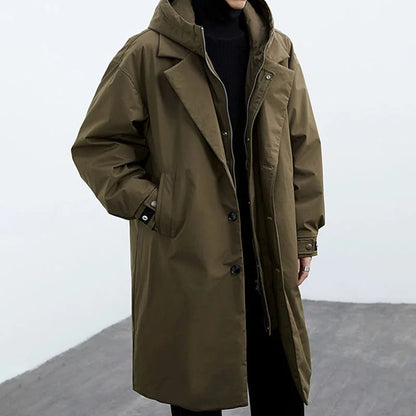 Men's Waterproof Long Puffer Trench Coat with Hood for Cold Weather