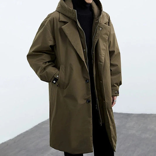 Men's Waterproof Long Puffer Trench Coat with Hood for Cold Weather