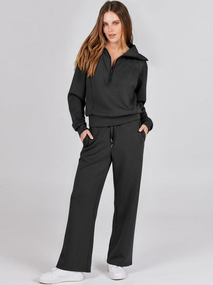 Women's Stylish Two-Piece Outfit - Zip-Neck Top and Wide-Leg Trousers for Casual Wear