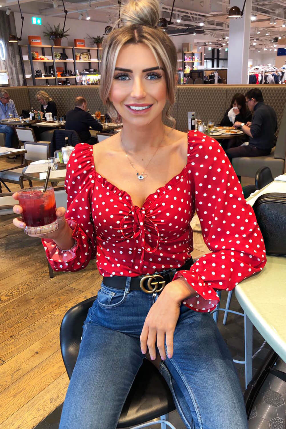 Women's Long Sleeve Red Polka Dot Milkmaid Neck Blouse - Stylish and Comfortable Top