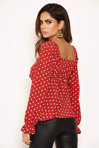 Women's Long Sleeve Red Polka Dot Milkmaid Neck Blouse - Stylish and Comfortable Top