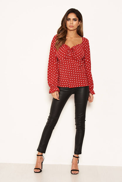 Women's Long Sleeve Red Polka Dot Milkmaid Neck Blouse - Stylish and Comfortable Top