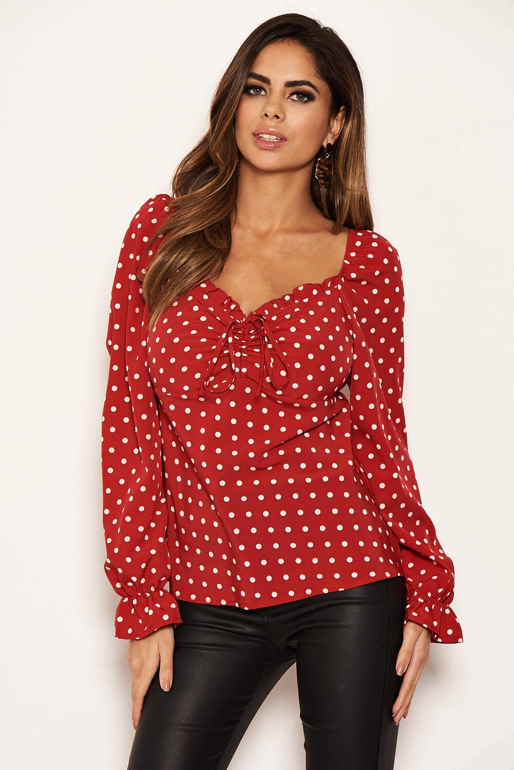 Women's Long Sleeve Red Polka Dot Milkmaid Neck Blouse - Stylish and Comfortable Top