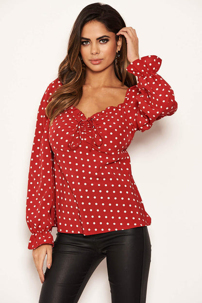 Women's Long Sleeve Red Polka Dot Milkmaid Neck Blouse - Stylish and Comfortable Top