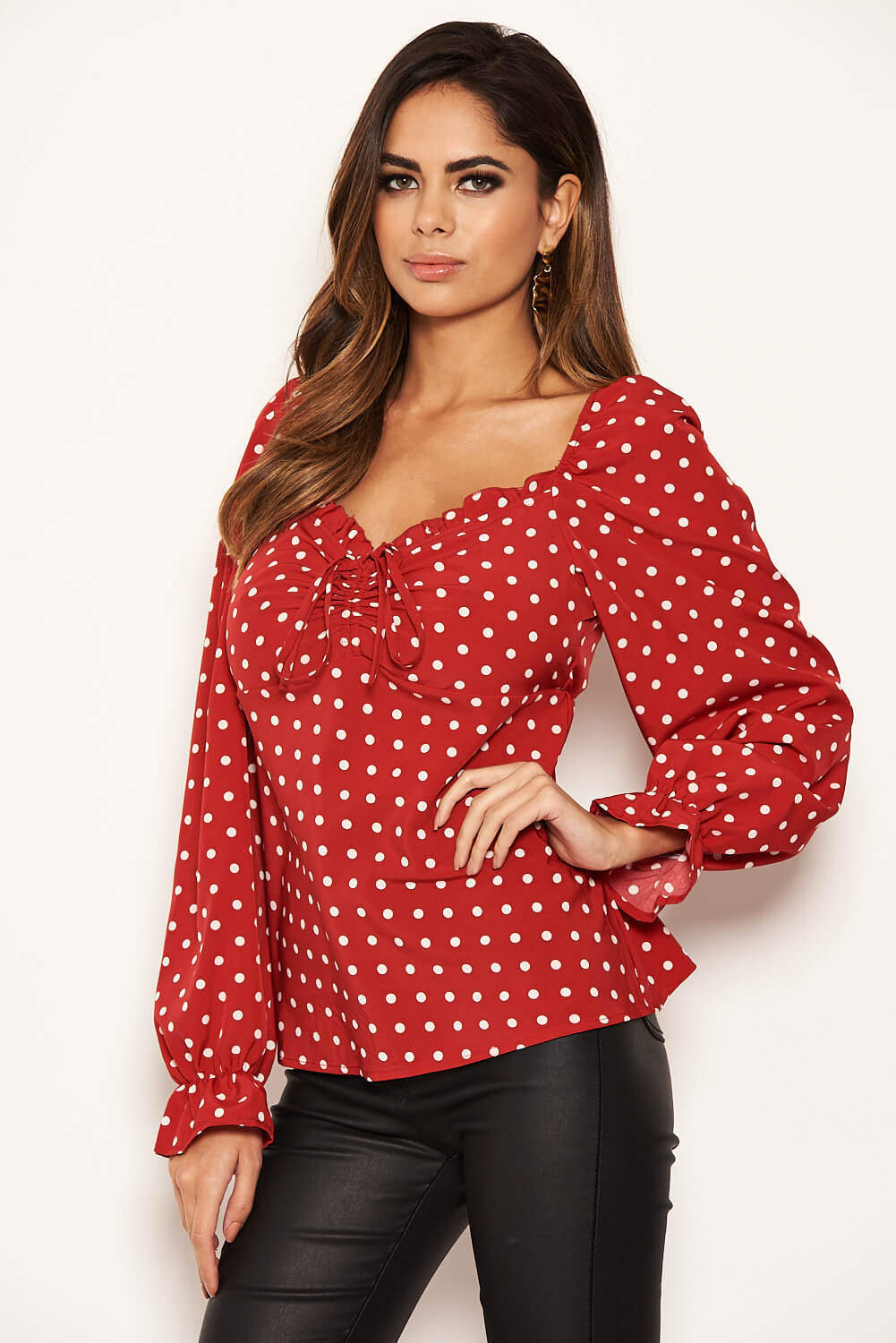 Women's Long Sleeve Red Polka Dot Milkmaid Neck Blouse - Stylish and Comfortable Top