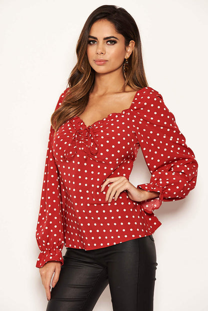 Women's Long Sleeve Red Polka Dot Milkmaid Neck Blouse - Stylish and Comfortable Top