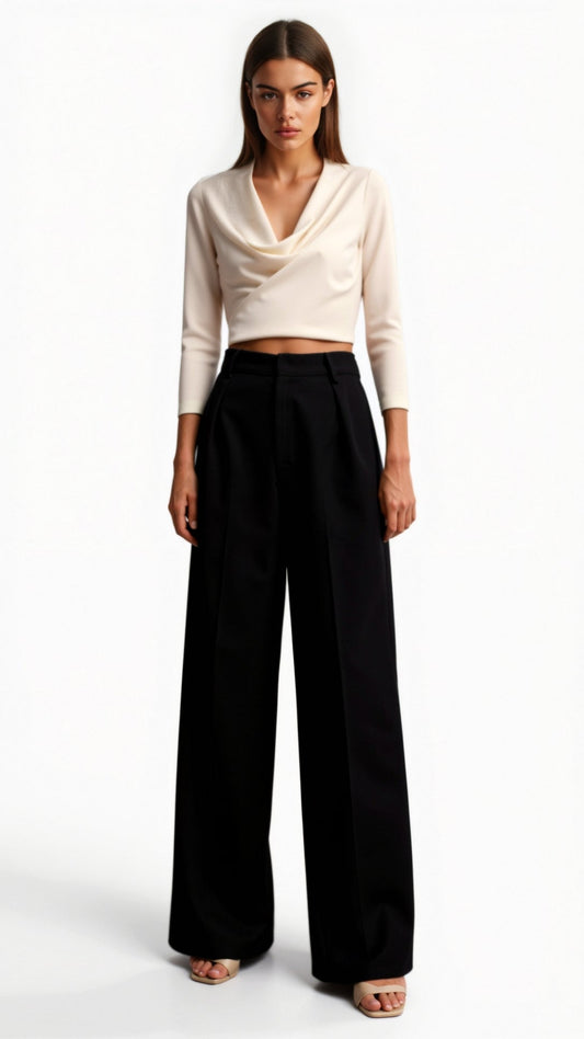 High Waist Wide-Leg Trousers for Women - Pleated Design with Side Pockets