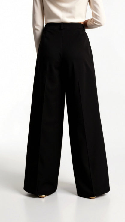 High Waist Wide-Leg Trousers for Women - Pleated Design with Side Pockets