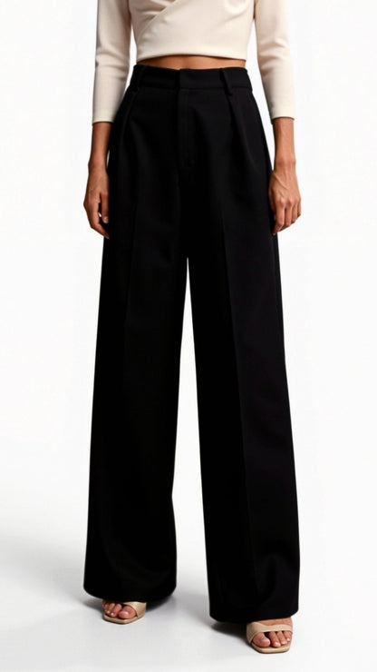 High Waist Wide-Leg Trousers for Women - Pleated Design with Side Pockets
