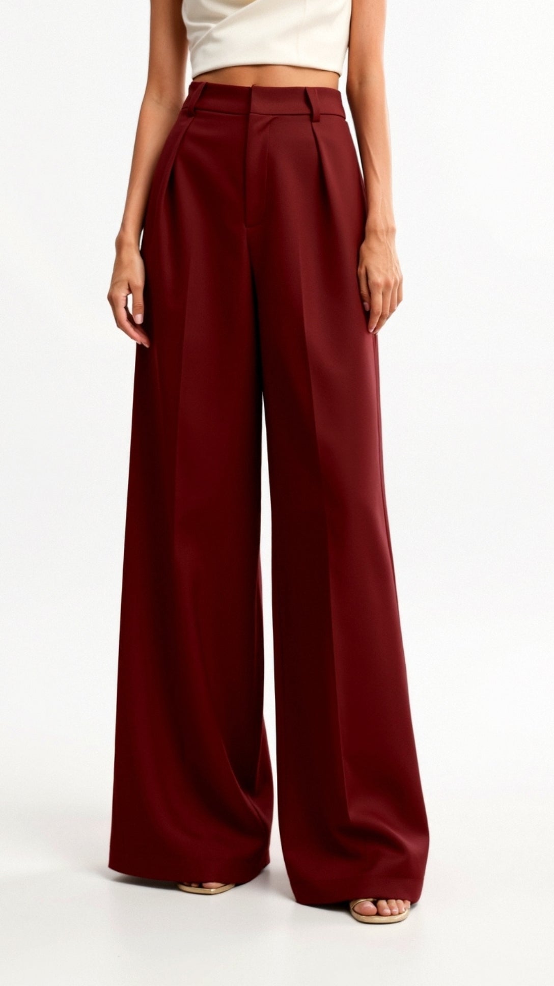 High Waist Wide-Leg Trousers for Women - Pleated Design with Side Pockets